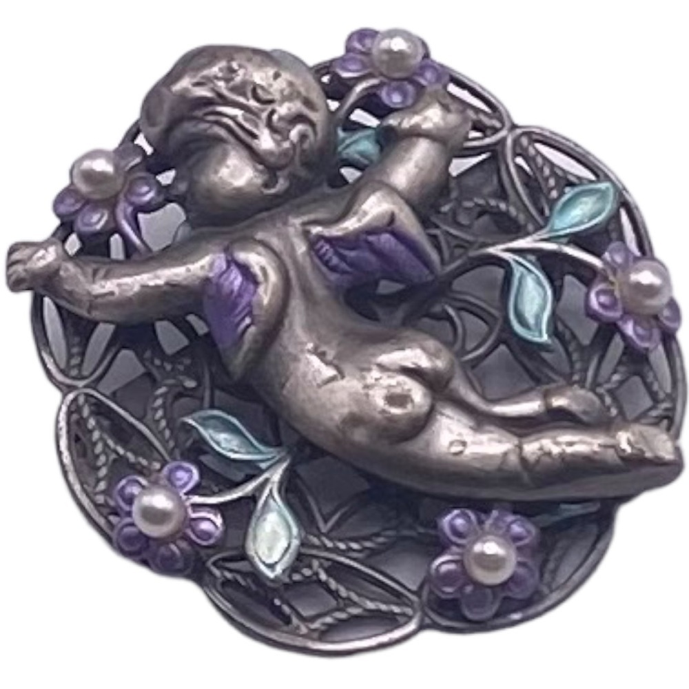 Vintage Style Pewter Colored Baby Cherub w/ Hand Painted Flowers & Tiny Pearls